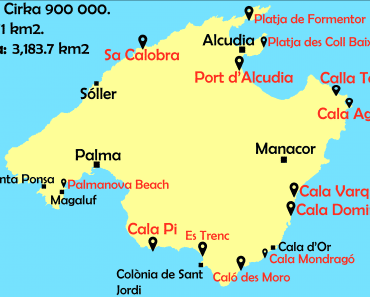 Karta över stränder och städer på Mallorca
